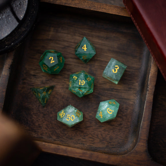 Green Fluorite Gemstone (Chlorophane) Hand Carved DND Dice Set - Bards & Cards