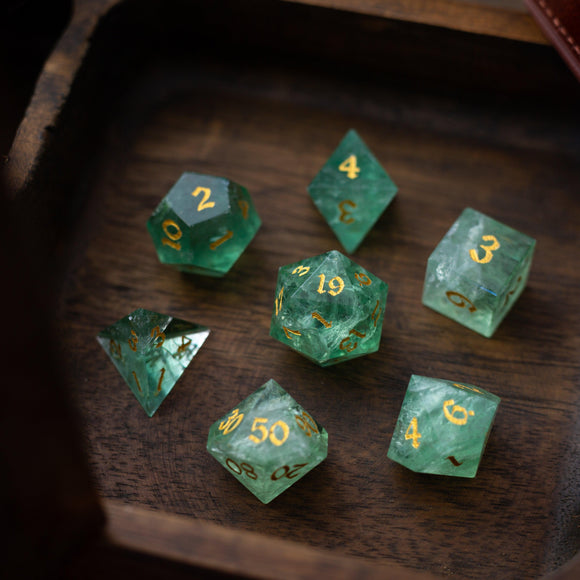 Green Fluorite Gemstone (Chlorophane) Hand Carved DND Dice Set - Bards & Cards