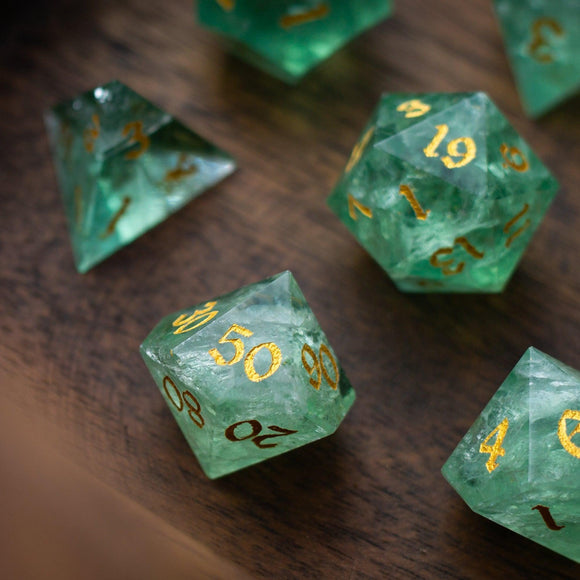 Green Fluorite Gemstone (Chlorophane) Hand Carved DND Dice Set - Bards & Cards