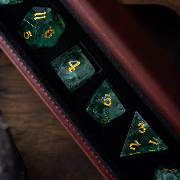 Green Fluorite Gemstone (Chlorophane) Hand Carved DND Dice Set - Bards & Cards