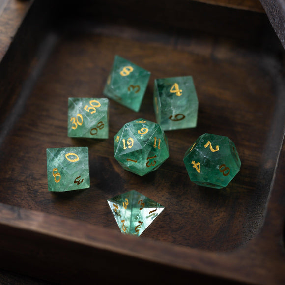 Green Fluorite Gemstone (Chlorophane) Hand Carved DND Dice Set - Bards & Cards