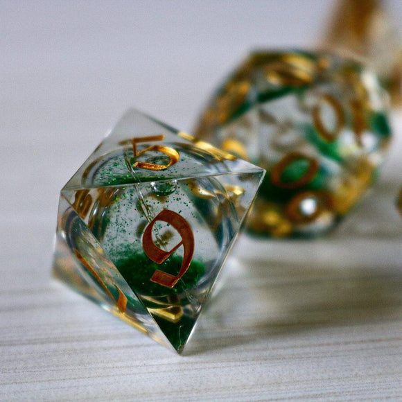Green Glitter Liquid Core Handmade Sharp Edge Resin DND Dice Set - Bards & Cards