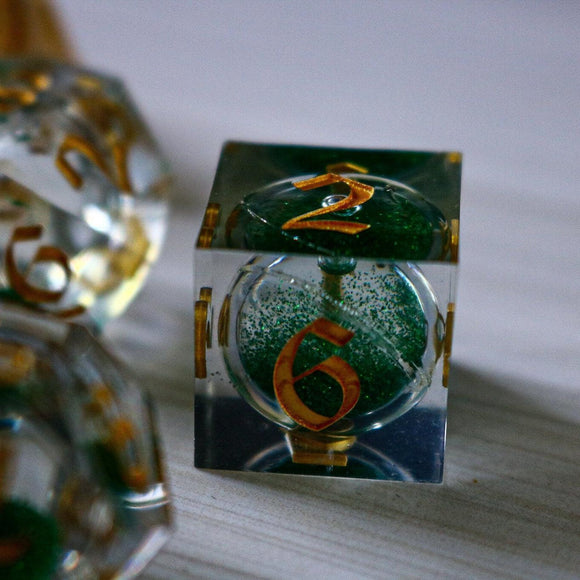 Green Glitter Liquid Core Handmade Sharp Edge Resin DND Dice Set - Bards & Cards