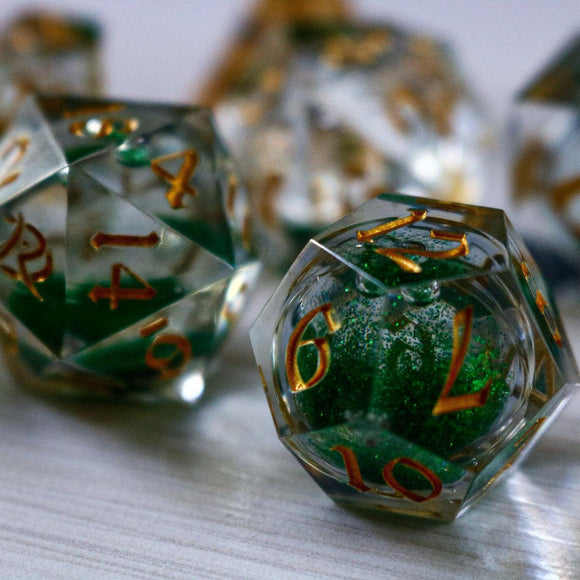 Green Glitter Liquid Core Handmade Sharp Edge Resin DND Dice Set - Bards & Cards