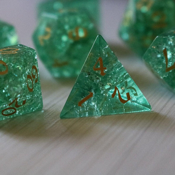 Green Lightning Cracked Glass DND Dice Set - Bards & Cards