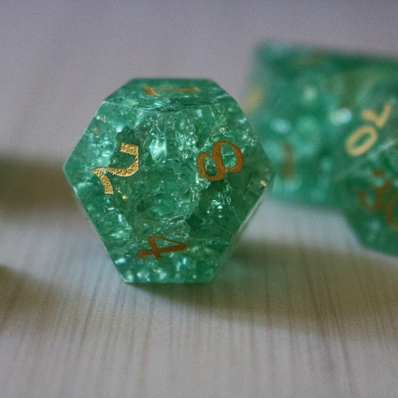 Green Lightning Cracked Glass DND Dice Set - Bards & Cards