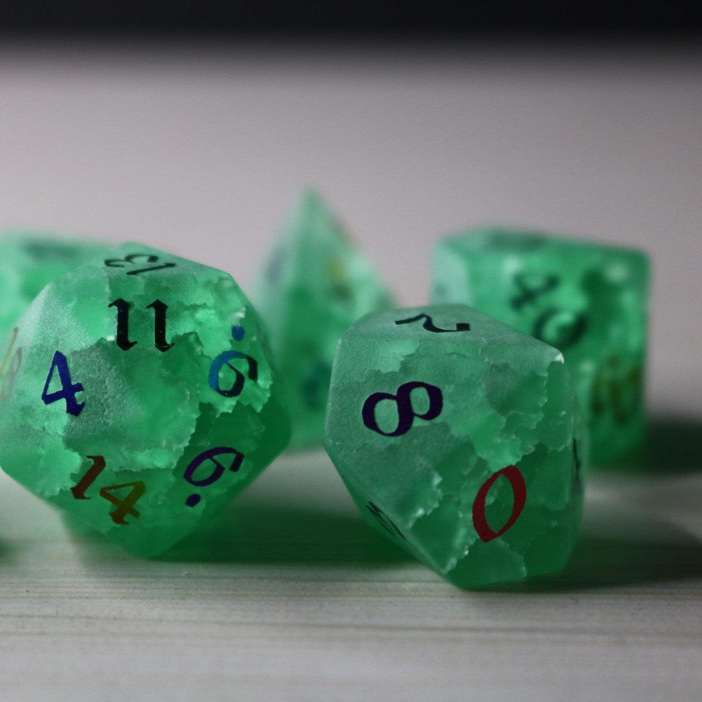 Green Mint Inked Lightning Cracked Glass DND Dice Set - 0