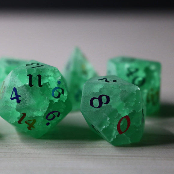 Green Mint Inked Lightning Cracked Glass DND Dice Set - Bards & Cards