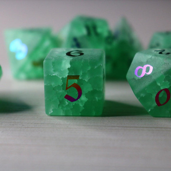 Green Mint Inked Lightning Cracked Glass DND Dice Set - Bards & Cards