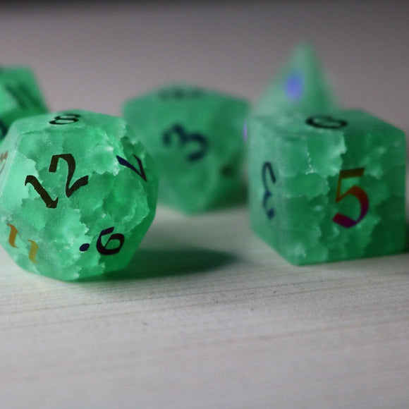 Green Mint Inked Lightning Cracked Glass DND Dice Set - Bards & Cards
