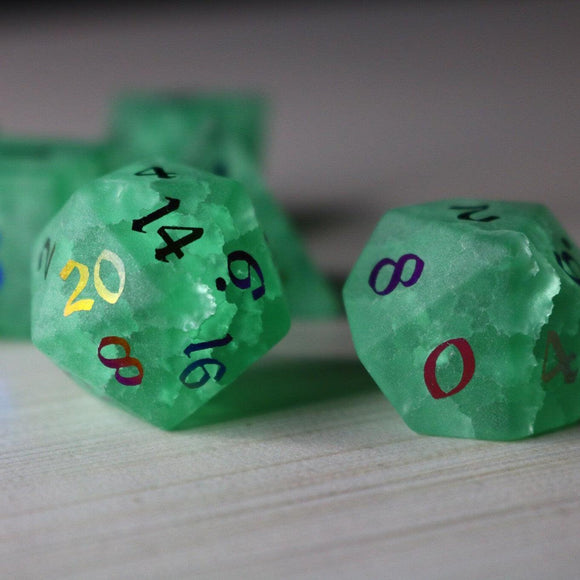Green Mint Inked Lightning Cracked Glass DND Dice Set - Bards & Cards
