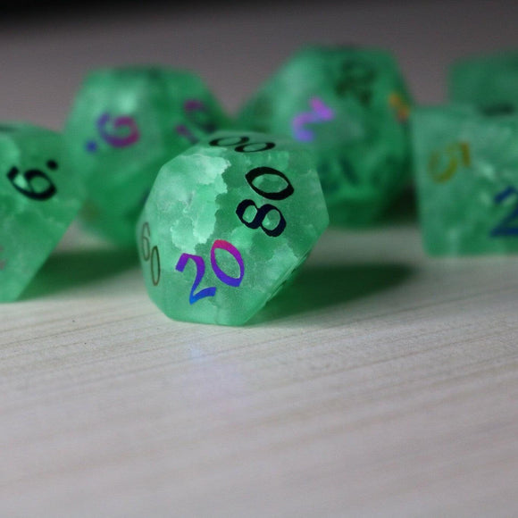Green Mint Inked Lightning Cracked Glass DND Dice Set - Bards & Cards