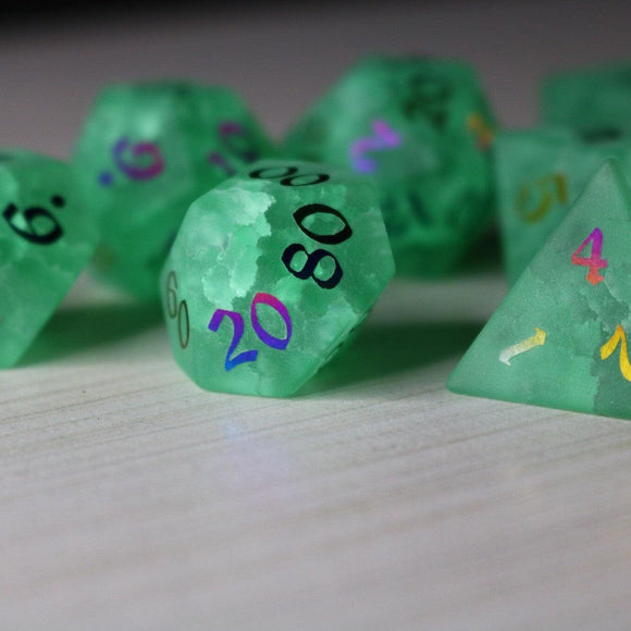 Green Mint Inked Lightning Cracked Glass DND Dice Set - Bards & Cards