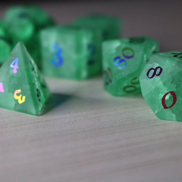Green Mint Inked Lightning Cracked Glass DND Dice Set - Bards & Cards