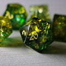 Green Poison Forge Fire Cracked Glass DND Dice Set - Bards & Cards