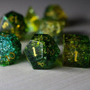 Green Poison Forge Fire Cracked Glass DND Dice Set - Bards & Cards