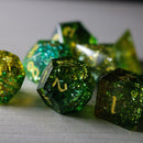 Green Poison Forge Fire Cracked Glass DND Dice Set - Bards & Cards