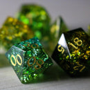 Green Poison Forge Fire Cracked Glass DND Dice Set - Bards & Cards
