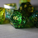 Green Poison Forge Fire Cracked Glass DND Dice Set - Bards & Cards