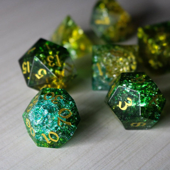 Green Poison Forge Fire Cracked Glass DND Dice Set - Bards & Cards