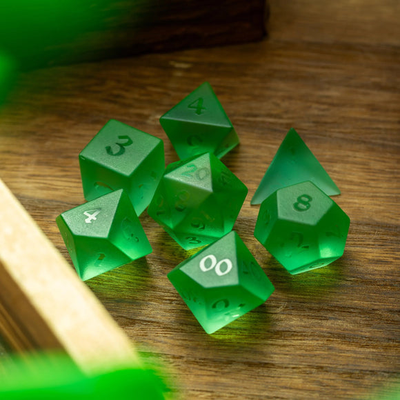Green Raised Zircon Glass Hand Carved DND Dice Set - Bards & Cards