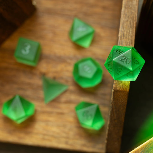 Green Raised Zircon Glass Hand Carved DND Dice Set - Bards & Cards