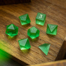 Green Raised Zircon Glass Hand Carved DND Dice Set - Bards & Cards
