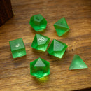 Green Raised Zircon Glass Hand Carved DND Dice Set - Bards & Cards
