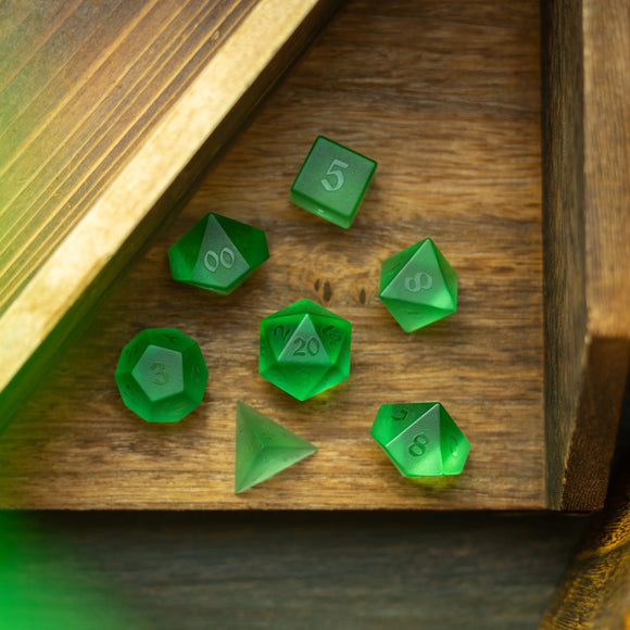 Green Raised Zircon Glass Hand Carved DND Dice Set - Bards & Cards