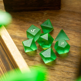 Green Raised Zircon Glass Hand Carved DND Dice Set - Bards & Cards