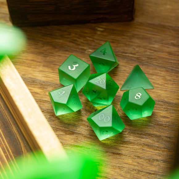 Green Raised Zircon Glass Hand Carved DND Dice Set - Bards & Cards