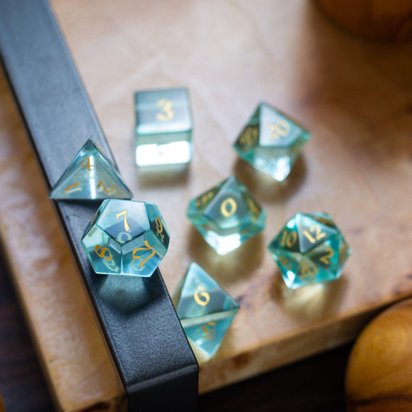 Green Water Glass Hand Carved DND Dice Set - Bards & Cards