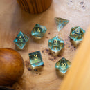 Green Water Glass Hand Carved DND Dice Set - Bards & Cards