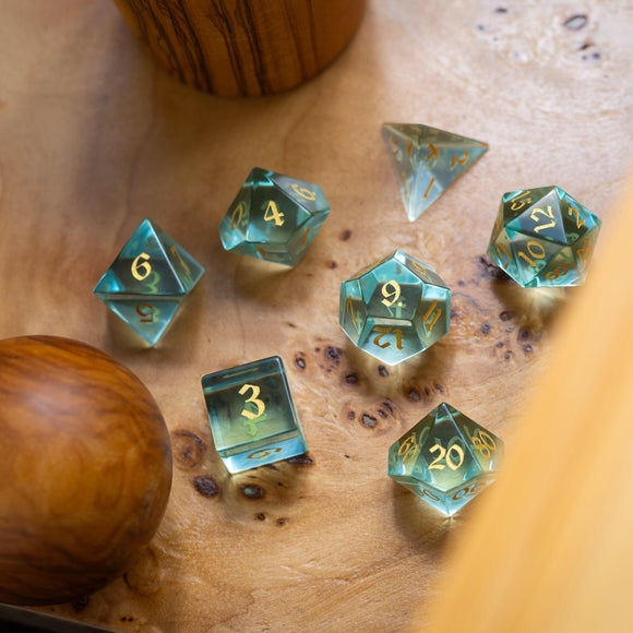 Green Water Glass Hand Carved DND Dice Set - Bards & Cards