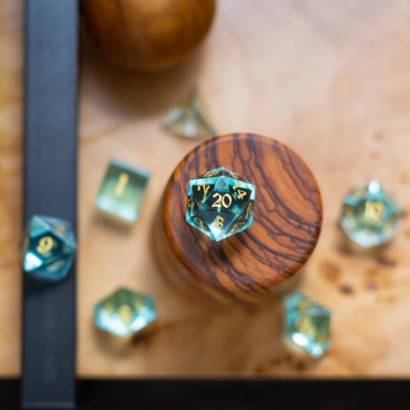 Green Water Glass Hand Carved DND Dice Set - Bards & Cards