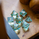 Green Water Glass Hand Carved DND Dice Set - Bards & Cards
