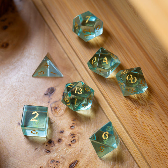 Green Water Glass Hand Carved DND Dice Set - Bards & Cards