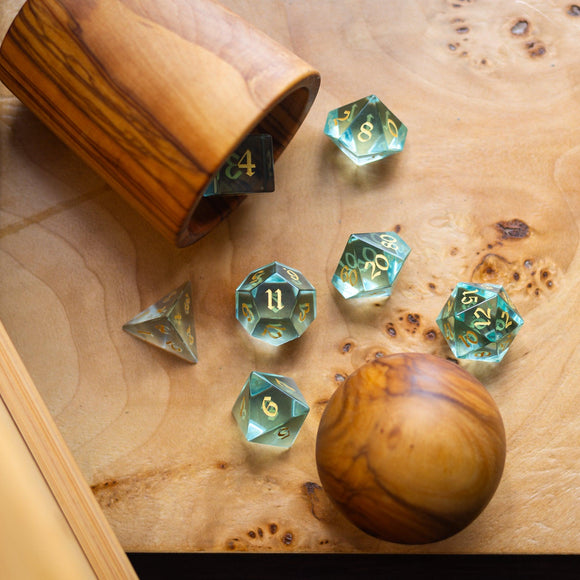 Green Water Glass Hand Carved DND Dice Set - Bards & Cards