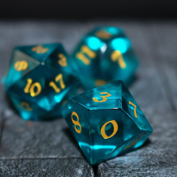 Green Zircon Glass Hand Carved DND Dice Set - Bards & Cards