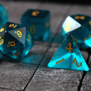 Green Zircon Glass Hand Carved DND Dice Set - Bards & Cards