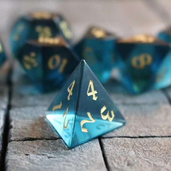 Green Zircon Glass Hand Carved DND Dice Set - Bards & Cards