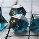 Green Zircon Glass Hand Carved DND Dice Set - Bards & Cards