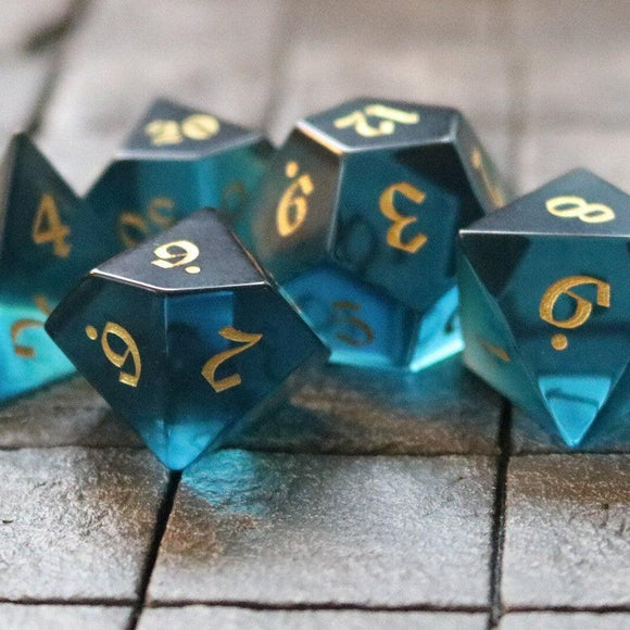 Green Zircon Glass Hand Carved DND Dice Set - Bards & Cards