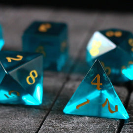 Green Zircon Glass Hand Carved DND Dice Set - Bards & Cards