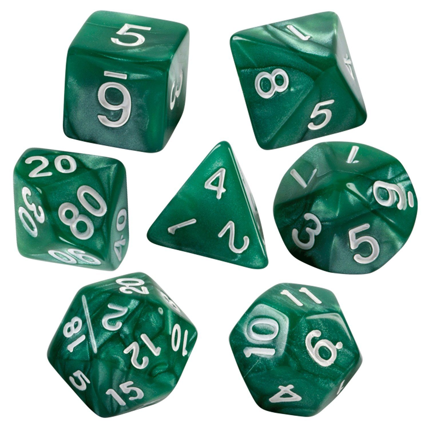 Green Marbled Dice - 7 Piece Set - Bards & Cards