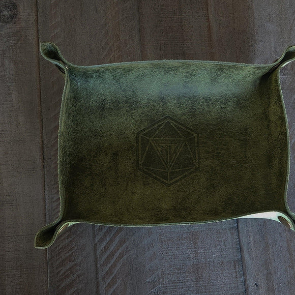 Hand Made Italian Green Pueblo Leather DND Dice Tray - Bards & Cards