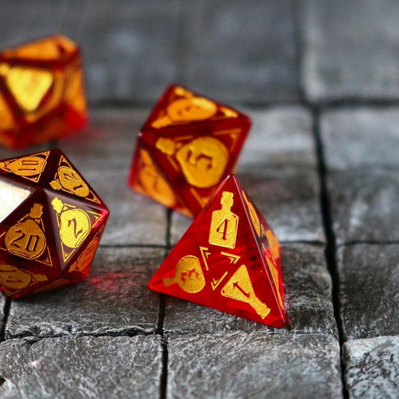 Health Potion Red Zircon Glass DND Dice Set - Bards & Cards
