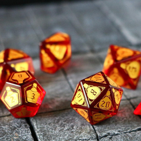 Health Potion Red Zircon Glass DND Dice Set - Bards & Cards
