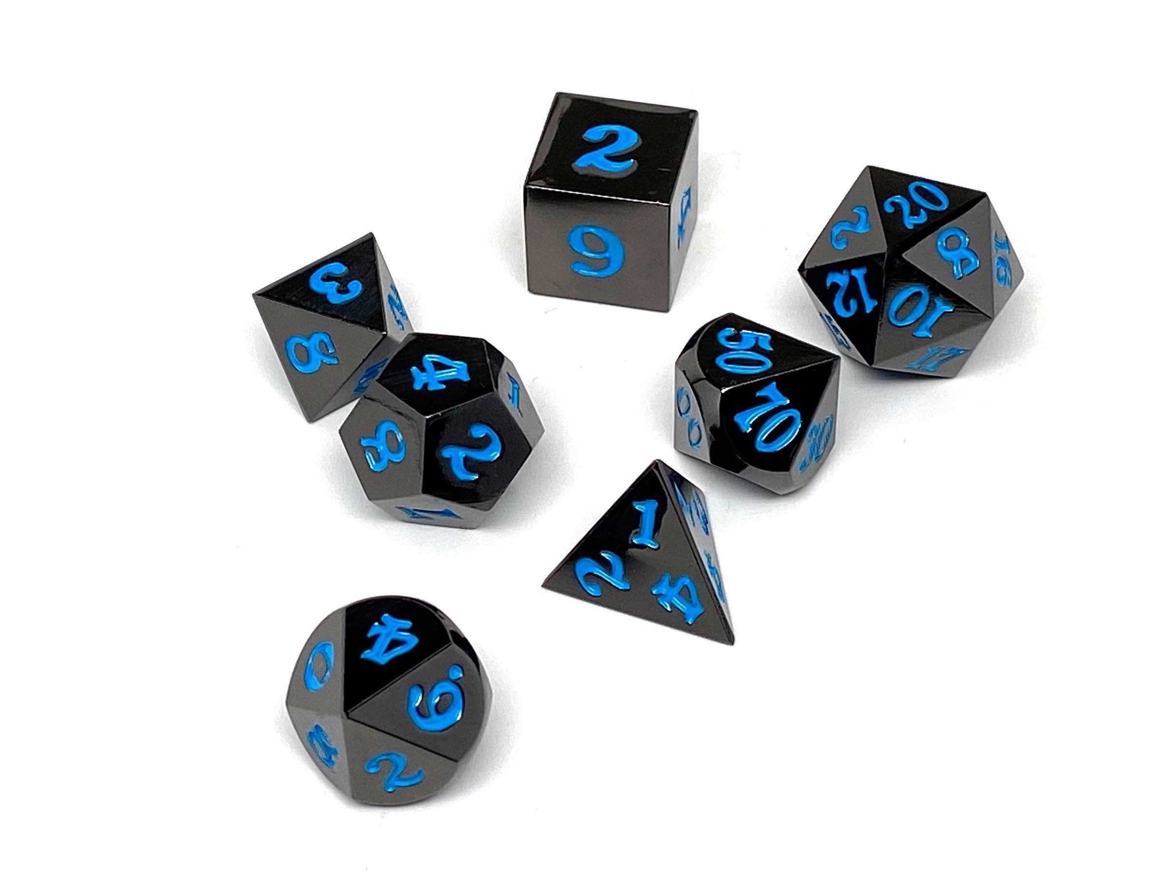 Gun Metal 7 Piece Dice Set - Signature Font - Powder Blue - Bards & Cards