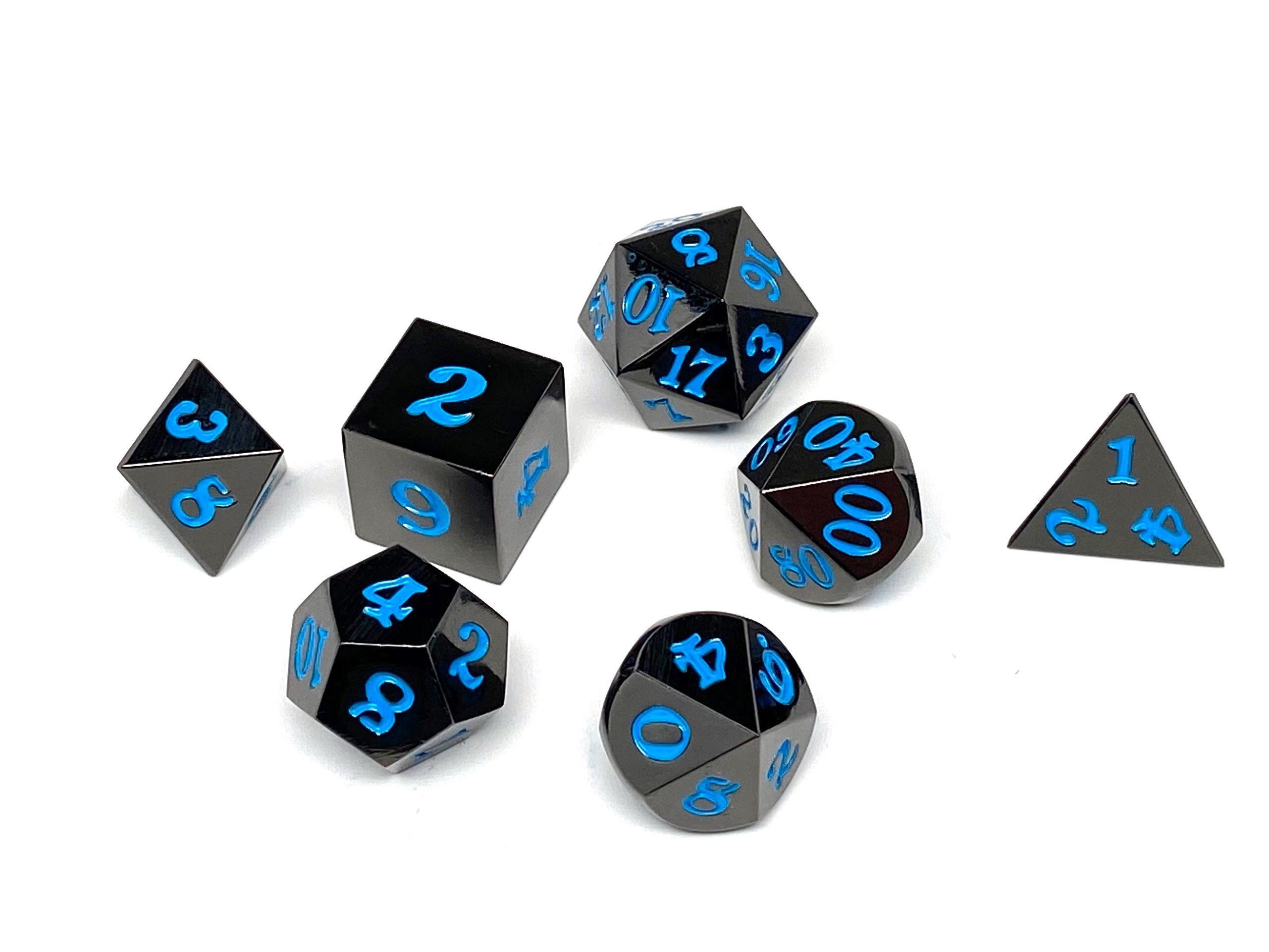 Gun Metal 7 Piece Dice Set - Signature Font - Powder Blue - Bards & Cards